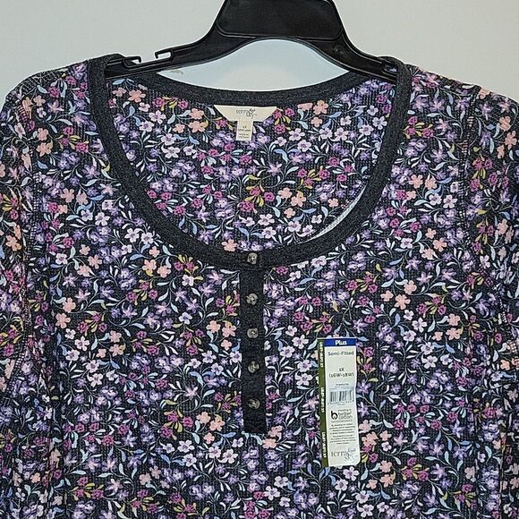 Terry & Sky Women’s Plus Size Long Sleeve Henley Thermal Waffle Tee 1x Floral - Picture 4 of 9